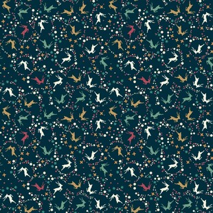 深蓝色底多彩动物花卉图案