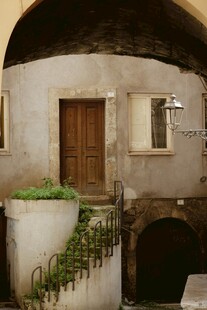 古朴庭院中的木质门与绿植