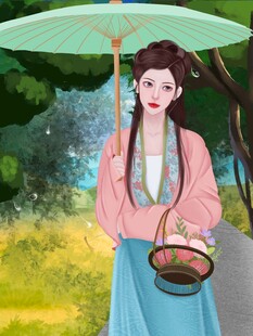 古风女子持伞提篮漫步