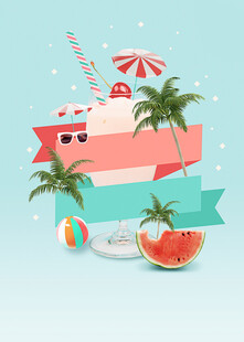 夏日海滩船与水果场景
