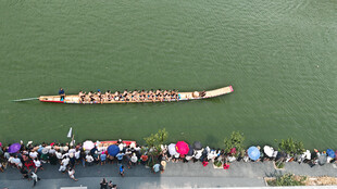 河岸观龙舟比赛场景