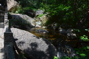 山间溪流旁的岩石与步道