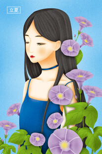 花丛中的蓝衣女孩