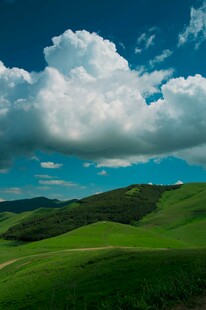 翠绿山丘上的蓝天白云