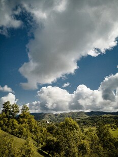 蓝天白云下的葱郁山林