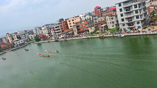 河畔多彩建筑与绿水景观