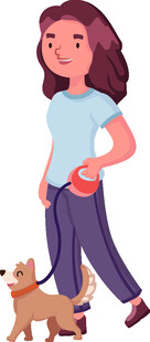 女孩牵两只小狗散步