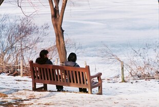 雪天长椅上依偎的两人