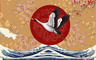 日式和风仙鹤海浪樱花图