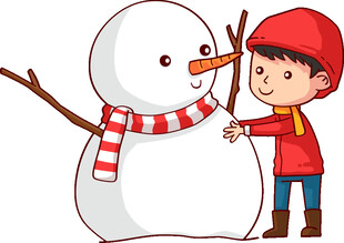 小男孩与可爱的雪人互动