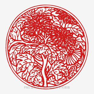 圆形红色花卉树木剪纸图案