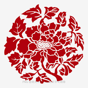 圆形红色牡丹剪纸图案