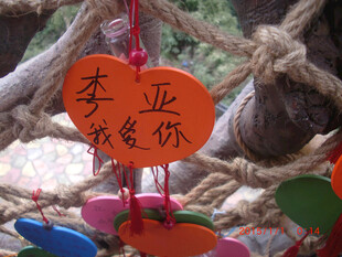 心形许愿牌悬挂于绳间