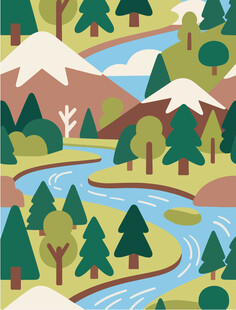 山间溪流森林风景插画