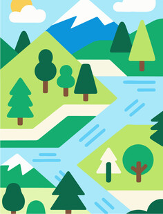 美丽山间河流风景插画