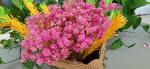 粉色干花置于手工花篮中