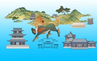 中国风建筑与山水图景