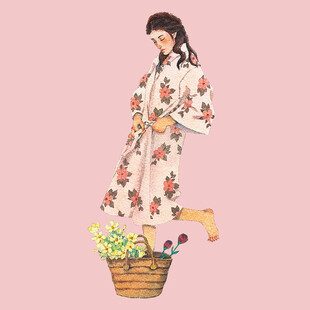 身着花裙提篮的优雅女子