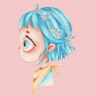 蓝发萌系少女侧脸插画