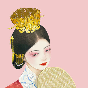 古典美人持扇戴华丽头饰