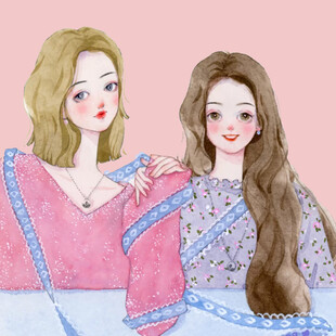 两位时尚长发女孩插画