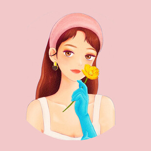 戴粉发箍持花的时尚女孩