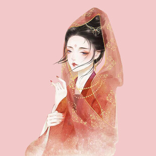 古风红衣女子手持花枝