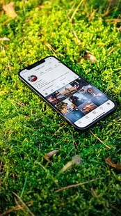 草地上的手机展示多彩画面