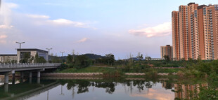 城市河畔黄昏紫色天空美景