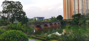 河畔拱桥与繁茂绿植景观