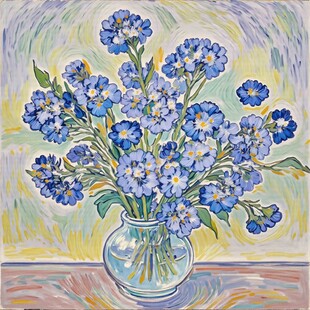 蓝色花卉插于透明花瓶中