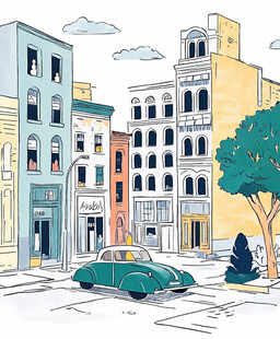 复古城市街景中的绿色汽车