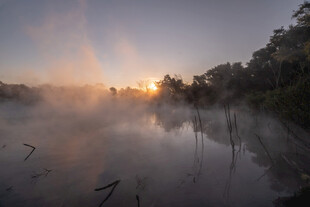 湖畔晨雾中的日出美景
