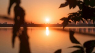 湖畔夕阳下的静谧剪影