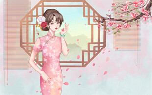 古典旗袍女子倚窗赏景