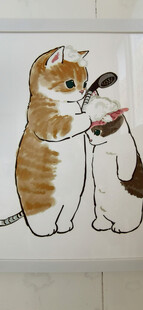 彩绘两只猫咪亲昵互动画面