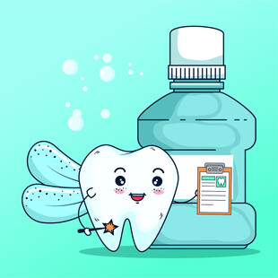 可爱牙齿与漱口水的趣味图