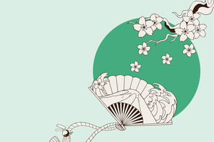 古风折扇与花枝插画
