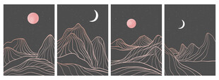 月夜山景四幅插画