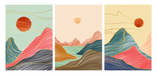 三联梦幻山川风景插画