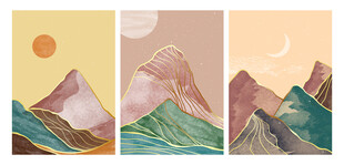 三联清新风山川风景插画