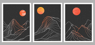 三联抽象山水红日装饰画