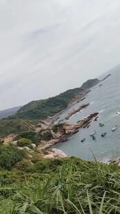 海边山峦与海上活动景象