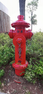红色消防栓立于绿植旁
