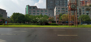 雨后城市道路旁的建筑群