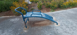 蓝色户外躺椅置于花丛旁