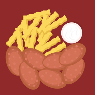 薯条配香肠与蘸酱