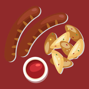 美味香肠配薯片与蘸酱