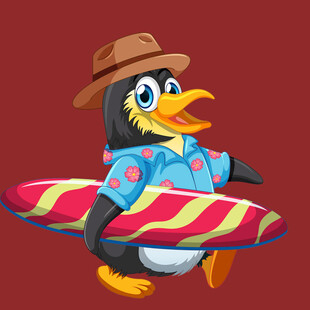 戴帽企鹅手持冲浪板