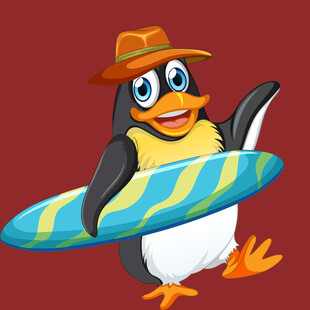 戴帽企鹅持冲浪板